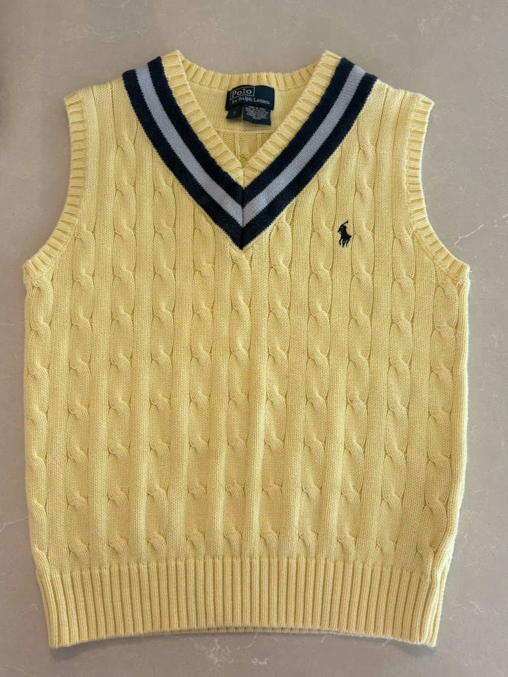 Polo Ralph Lauren Boys Size 7 Yellow Cable Knit Sweater Vest Navy Preppy